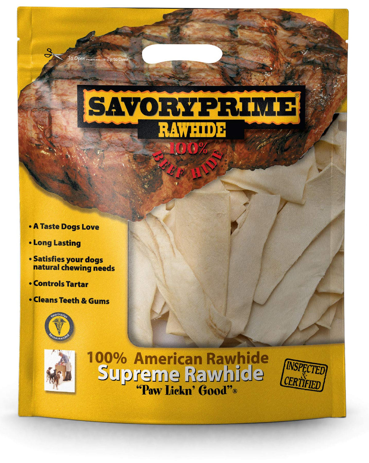 Savory Prime rawhide chips in a natural flavor bag for dogs' chew enjoyment and dental health support