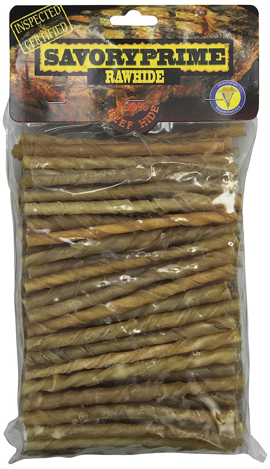 Savory Prime Rawhide Twist Stick 5in for durable chew and dental support.