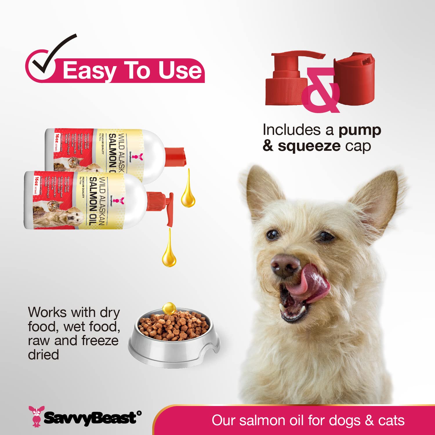 SavvyBeast unscented salmon oil label indicating a clean-label supplement for sensitive pets.