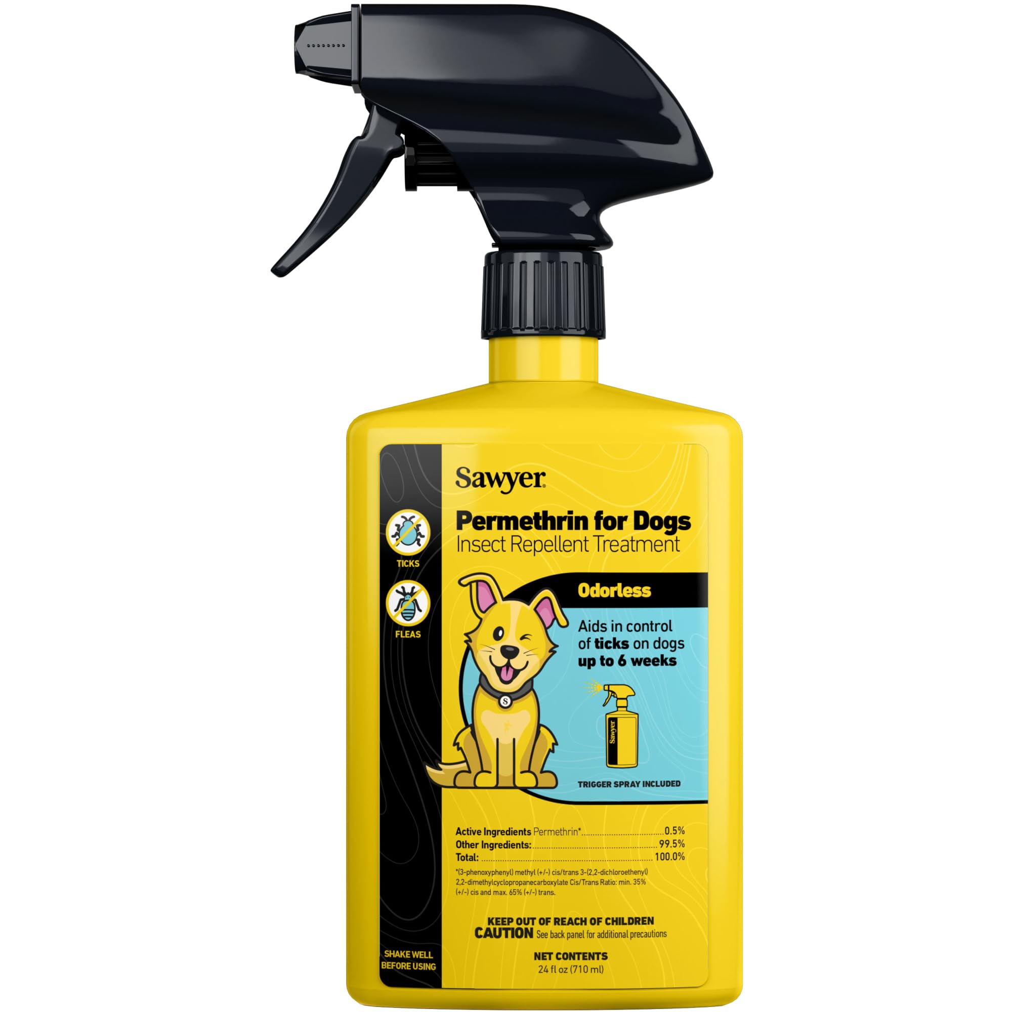 Sawyer Permethrin dog spray bottle ready for outdoor protection against ticks and fleas
