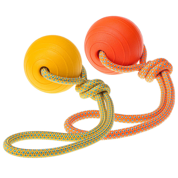 SCENEREAL floating dog toy ball on rope in orange, ideal for water fetch.