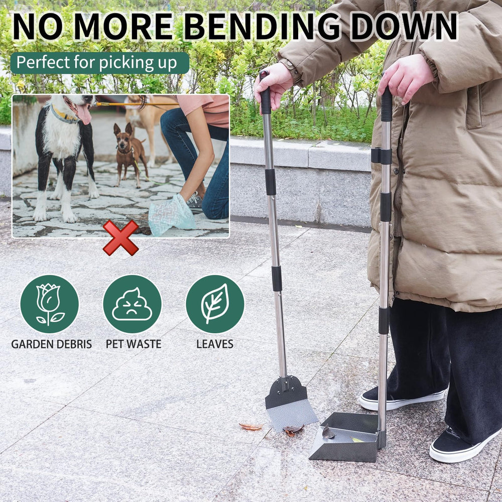 SCENEREAL long-handle pooper scooper enables no-bend cleaning from standing.