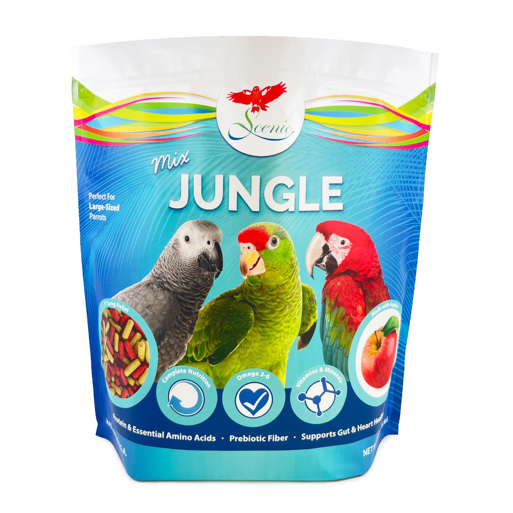 Scenic Mix Jungle 1-inch pellet close-up highlighting natural feeding behavior for large parrots.
