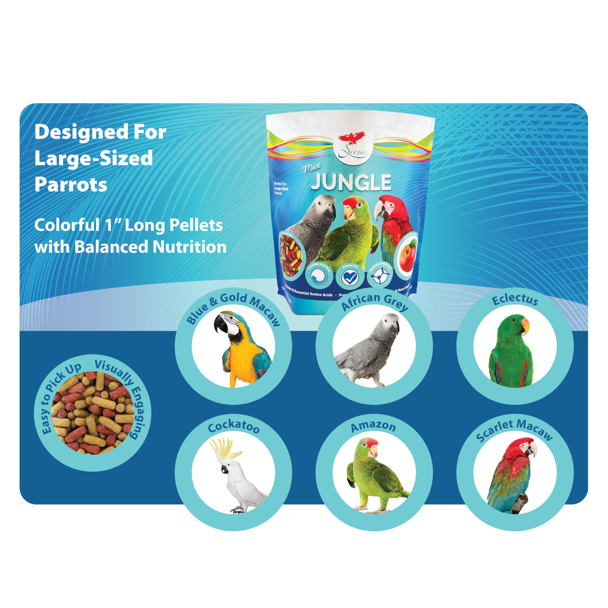 Scenic Mix Jungle feeding enrichment for parrots encourages foraging and interaction.