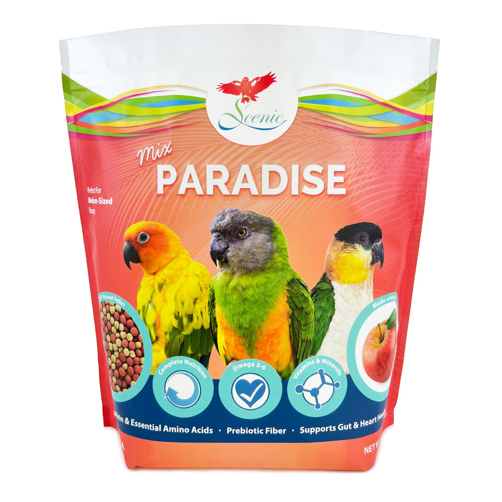 Scenic Mix Paradise quarter-inch pellets focus, ideal for birds that prefer beak-sized bites.