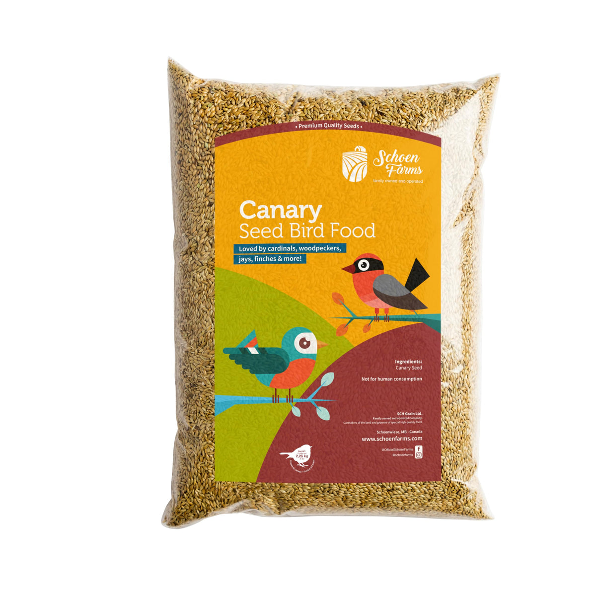 Schoen Farms Canary Seed Alpiste 5lbs bag front, ready for storage and quick feeding.