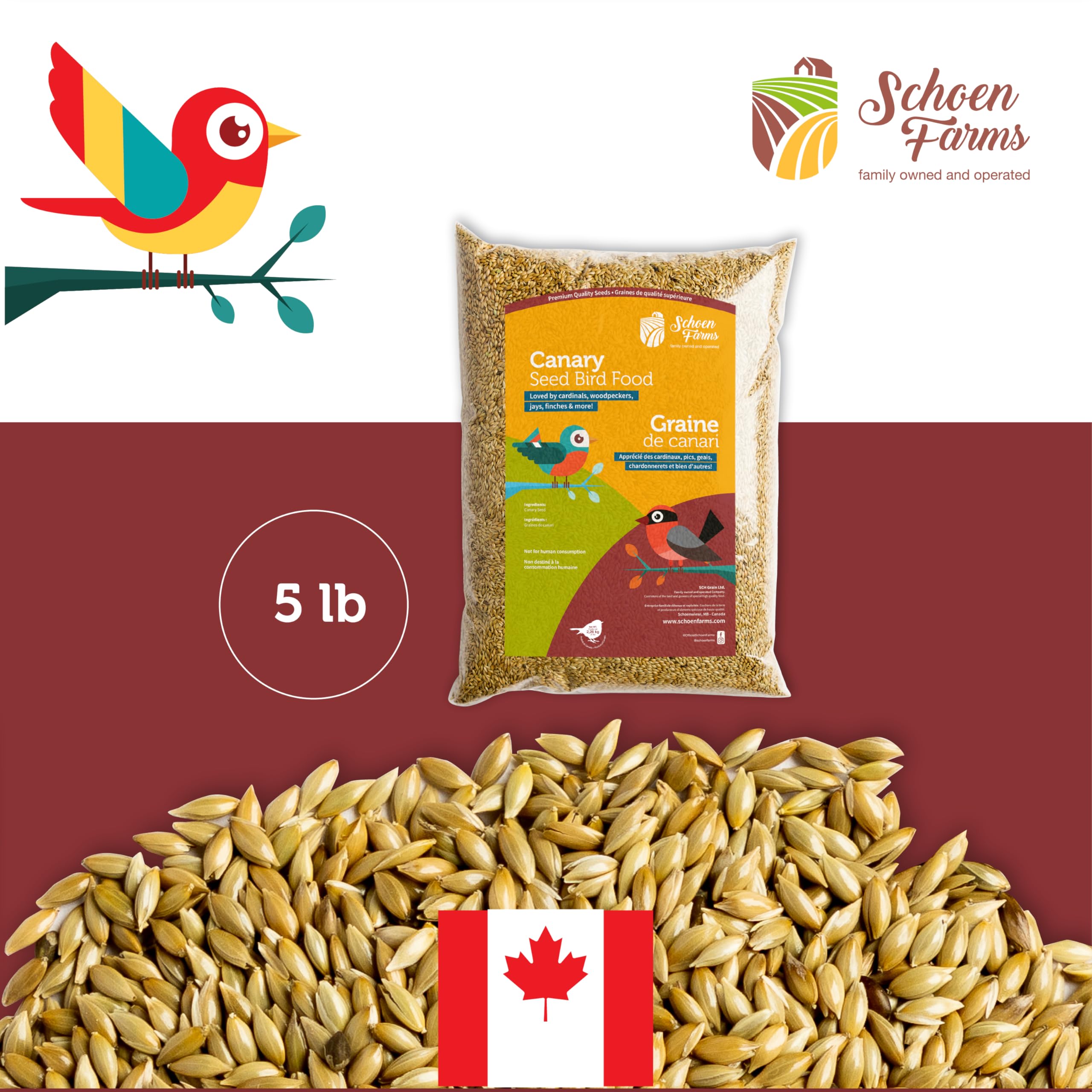 Schoen Farms Canary Seed Alpiste 5lbs storage container emphasizes freshness and ease.
