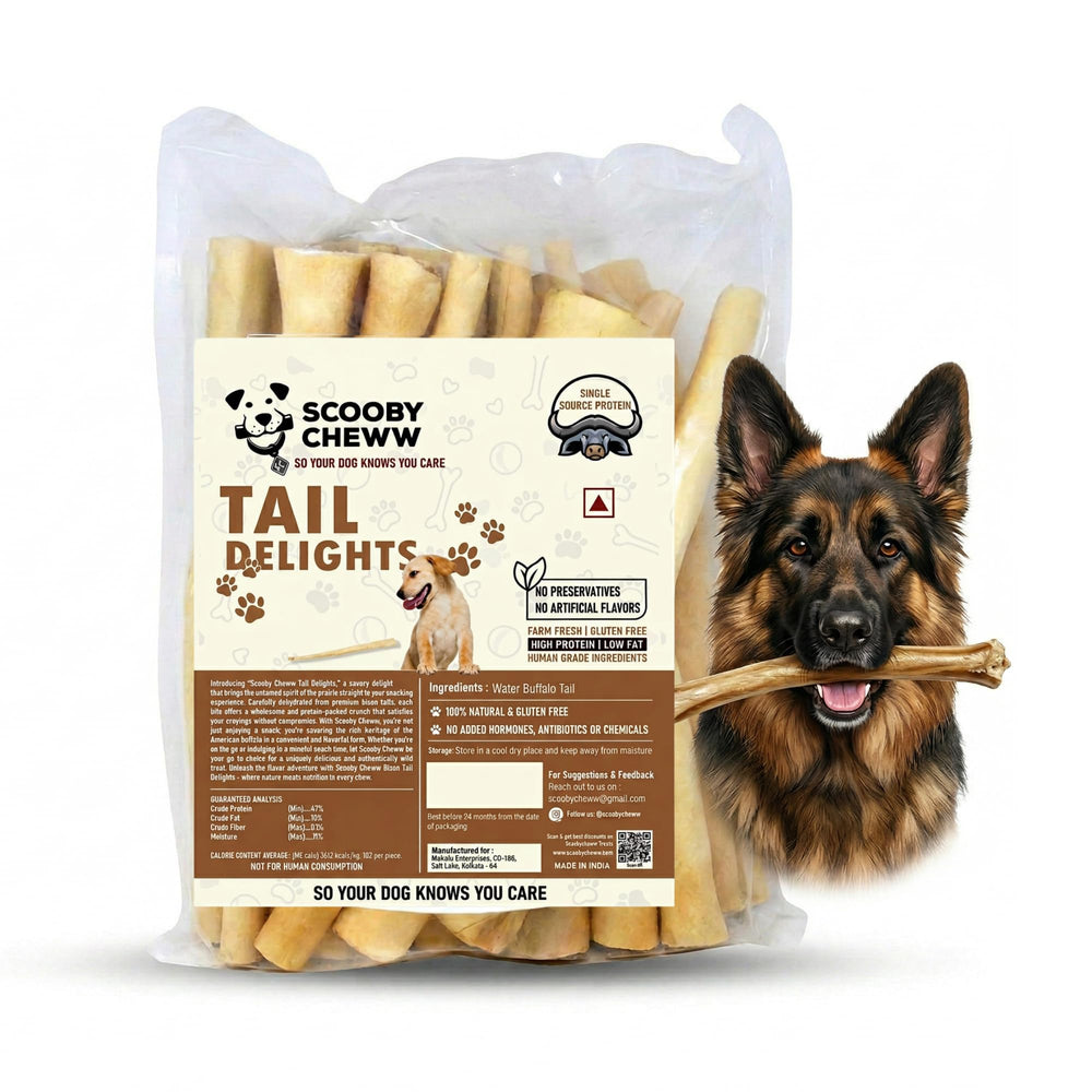 Scooby Cheww Beef Tails close-up highlights durable chews for aggressive chewers.