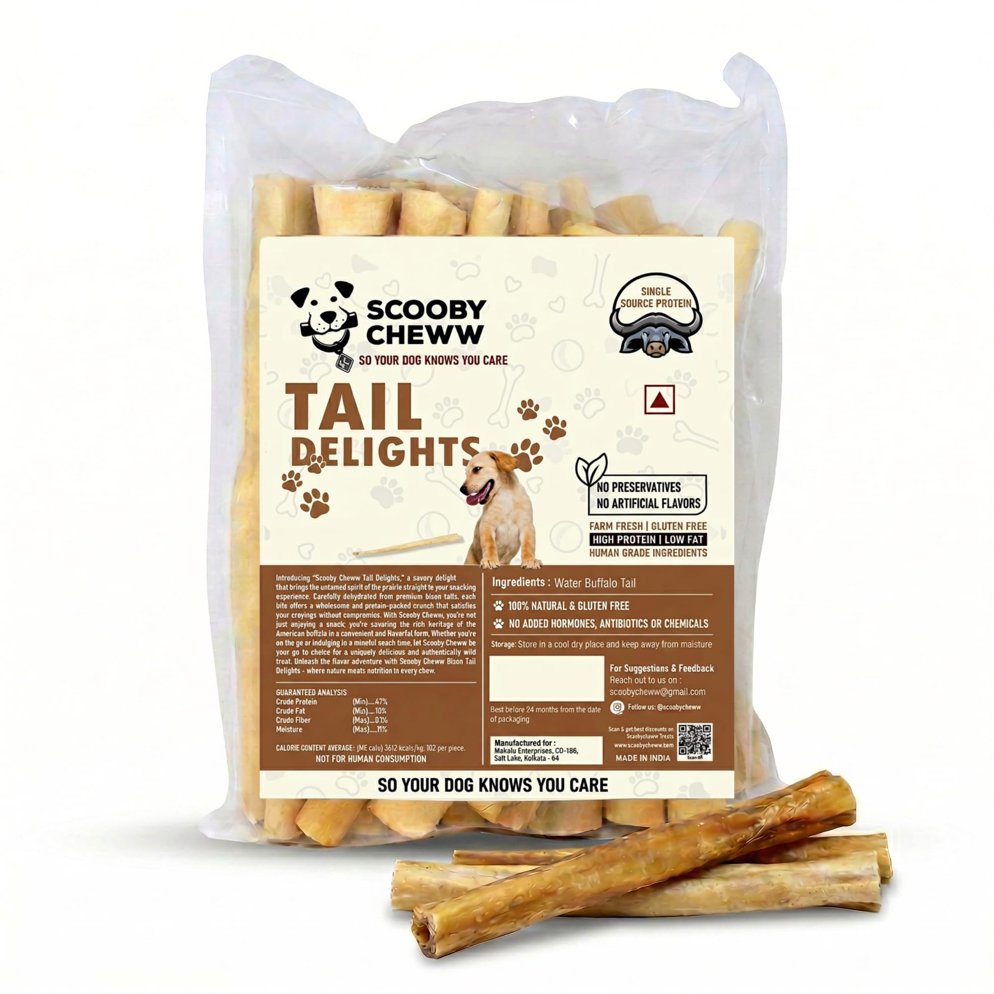 Scooby Cheww Cow Tails packaging reveals a natural dog treat for hearty chew sessions.