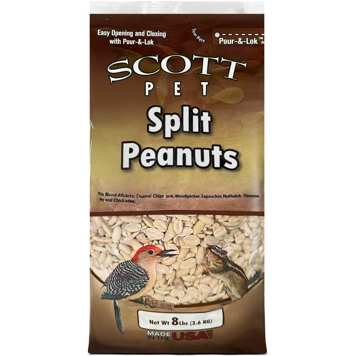 Scott Pet wild bird seed peanuts split in an 8 lb bag for outdoor feeding.
