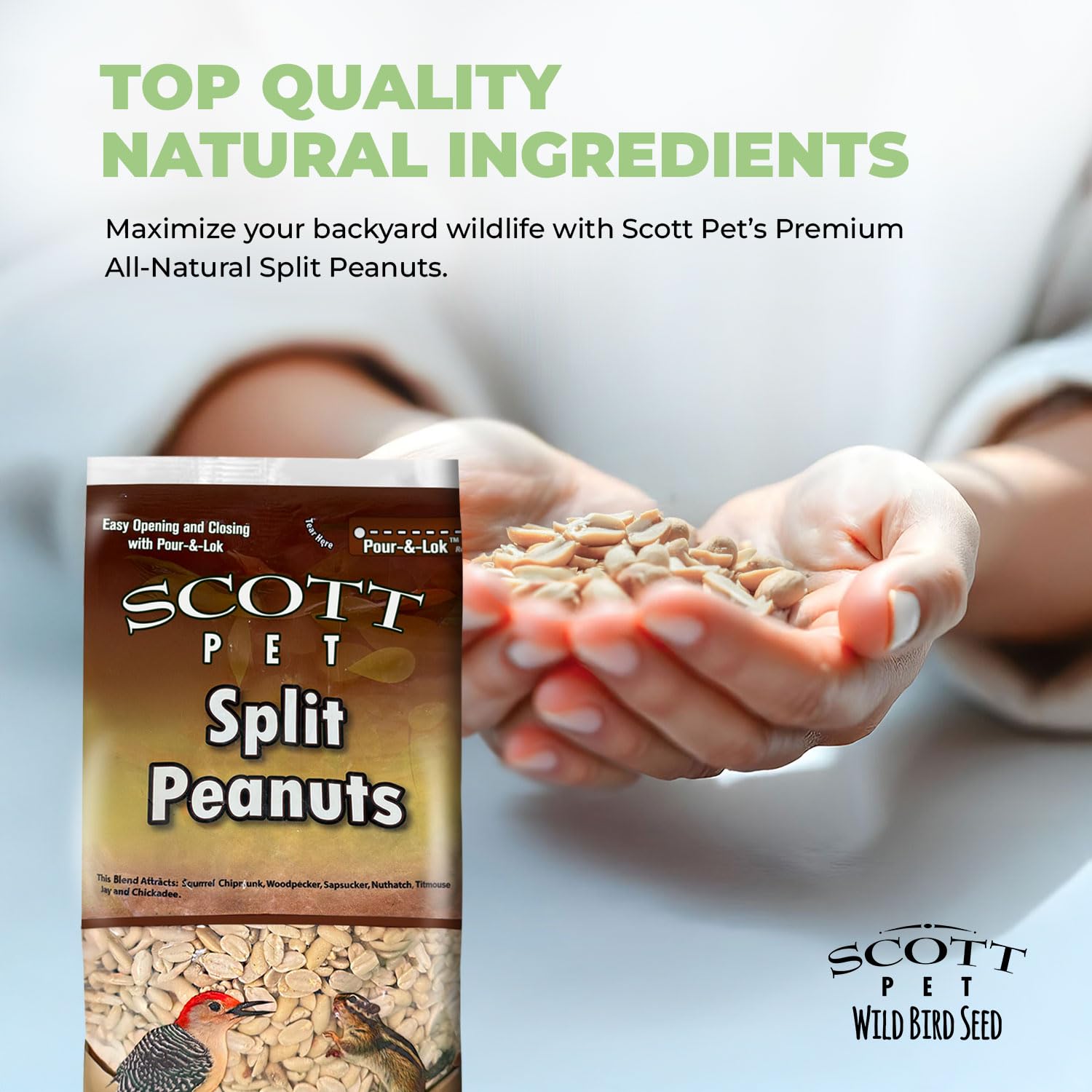 Scott Pet peanuts split stored in USA-made packaging for longer freshness.