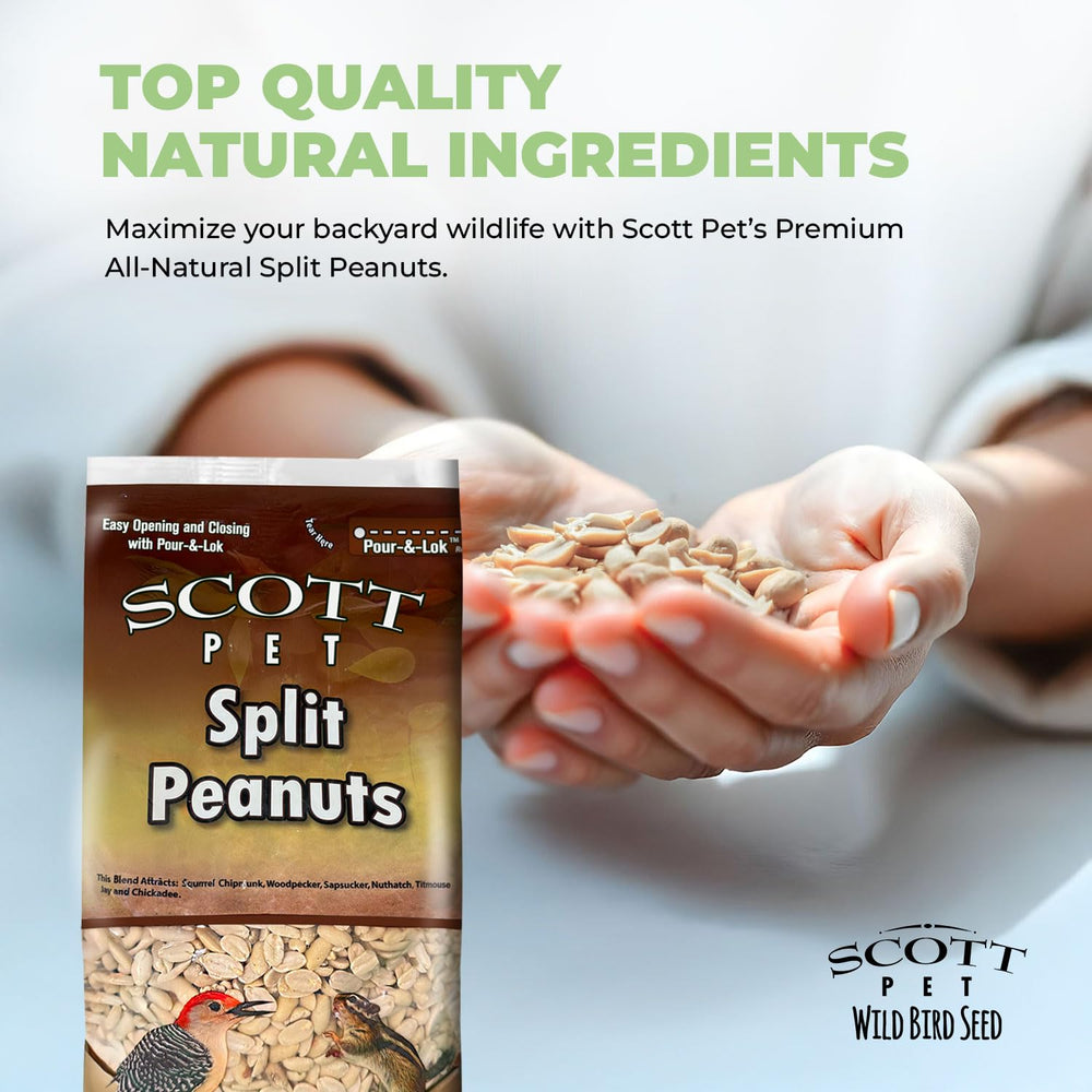 Scott Pet peanuts split stored in USA-made packaging for longer freshness.