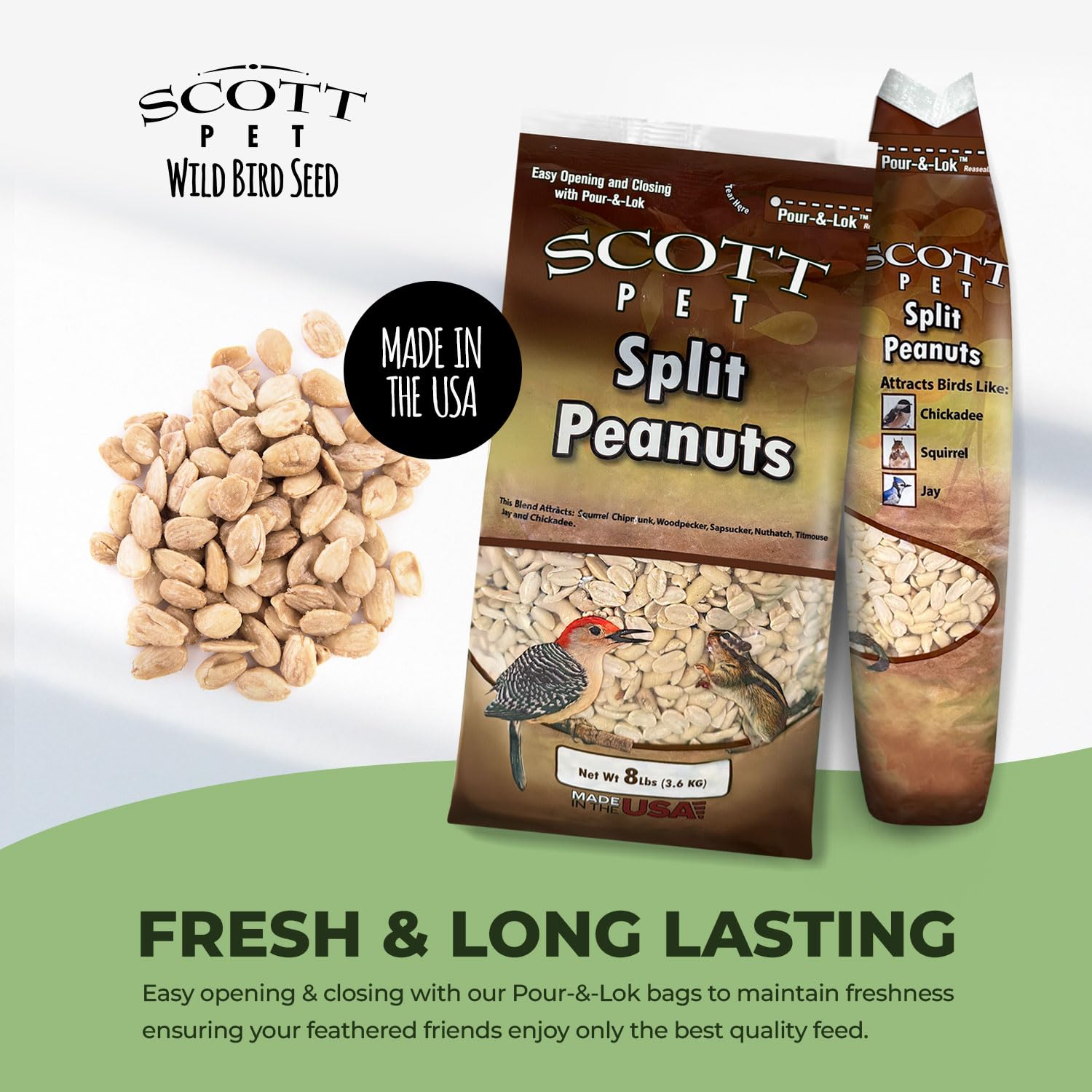 Scott Pet shelled split peanuts attract blue jays and chickadees.
