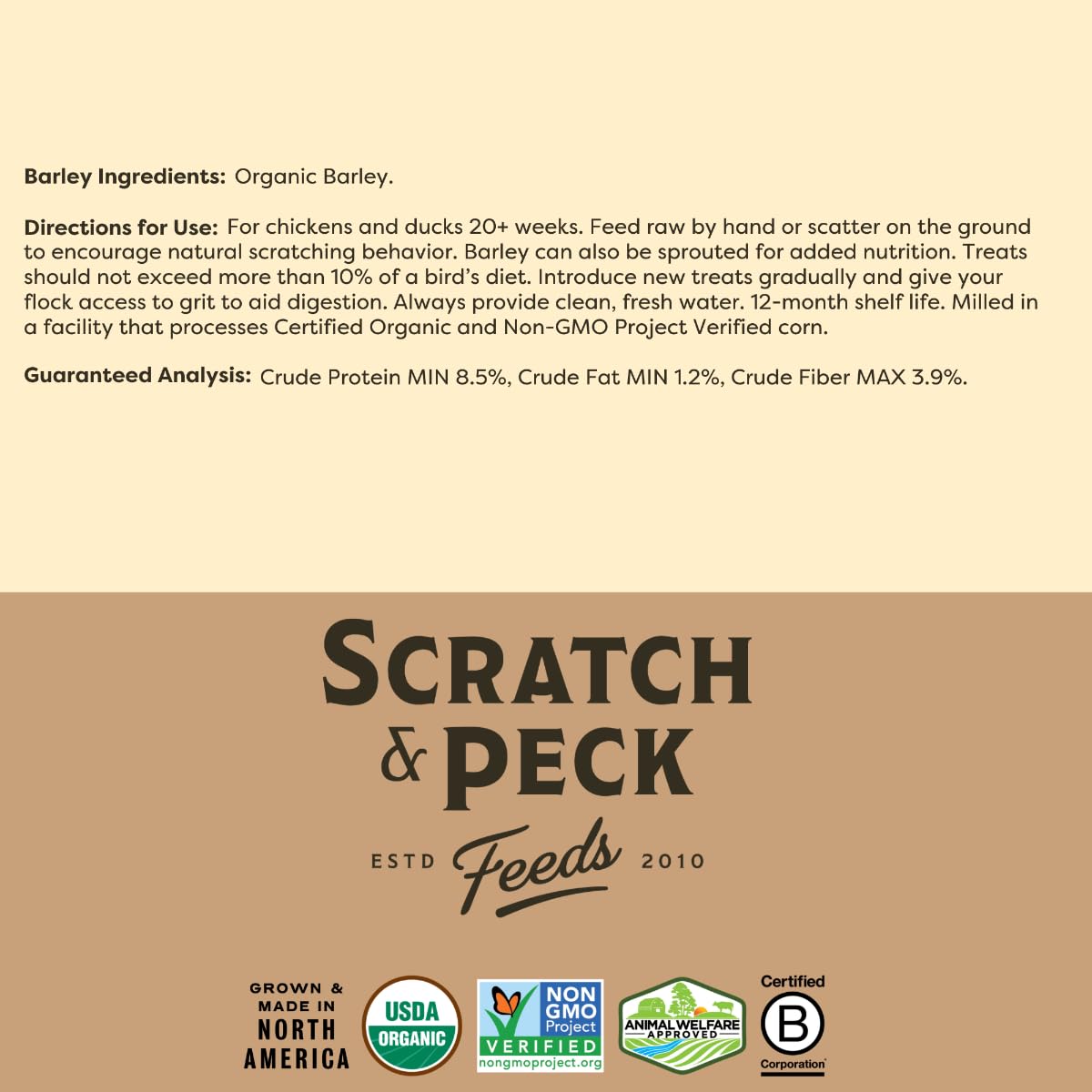 Scratch and Peck 10 lb bag on shelf for convenient feeding.