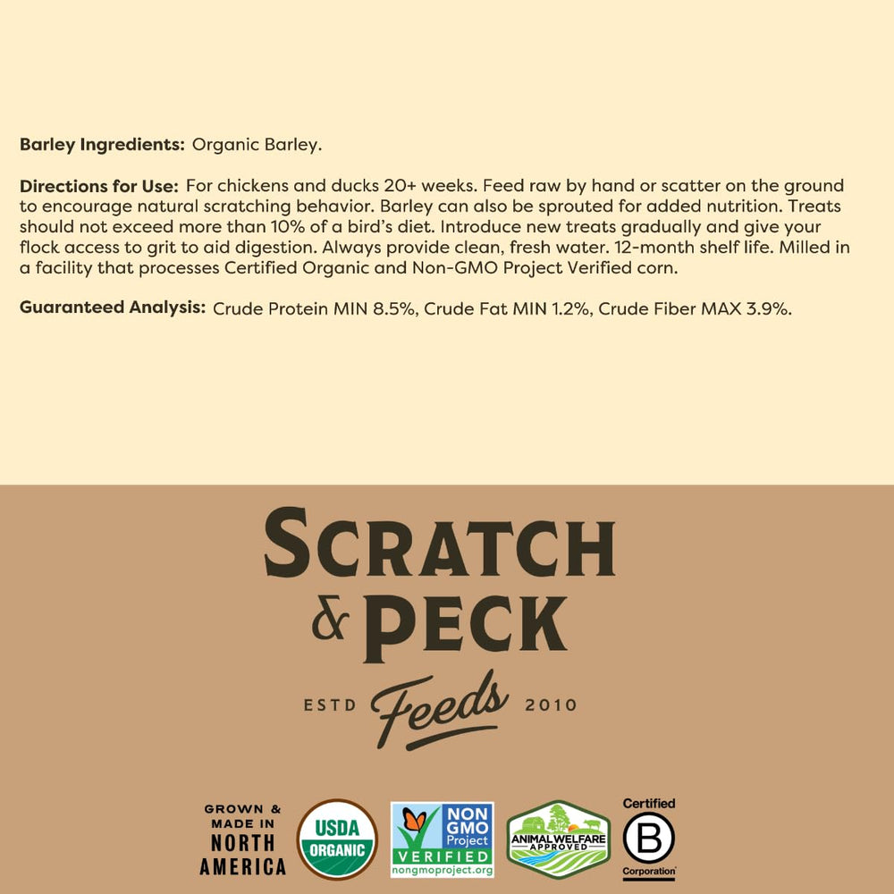 Scratch and Peck 10 lb bag on shelf for convenient feeding.