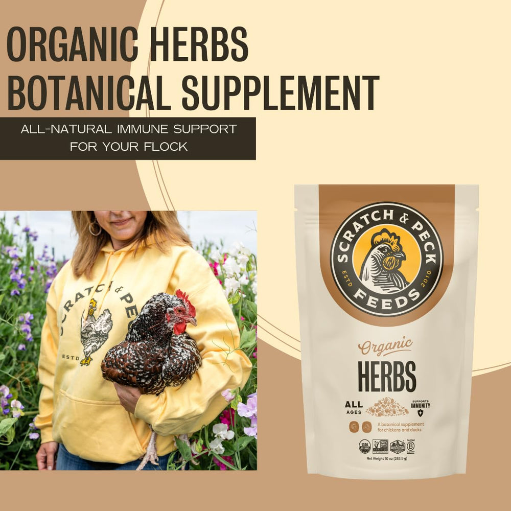 Scratch and Peck herbs bag featuring calendula to enhance egg yolk color.