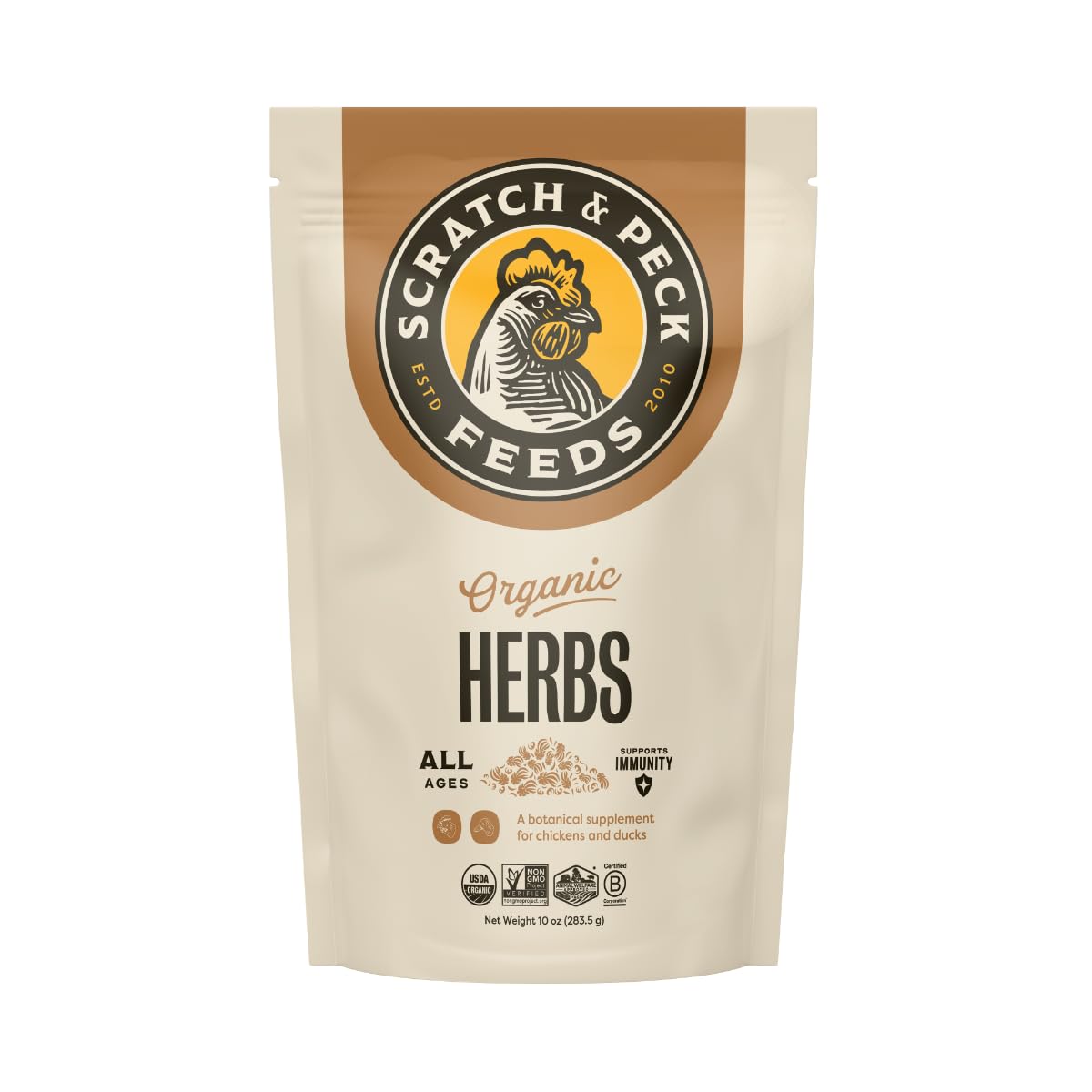 Scratch and Peck dried herbs supplement bag for chickens and ducks, aromatic and convenient.