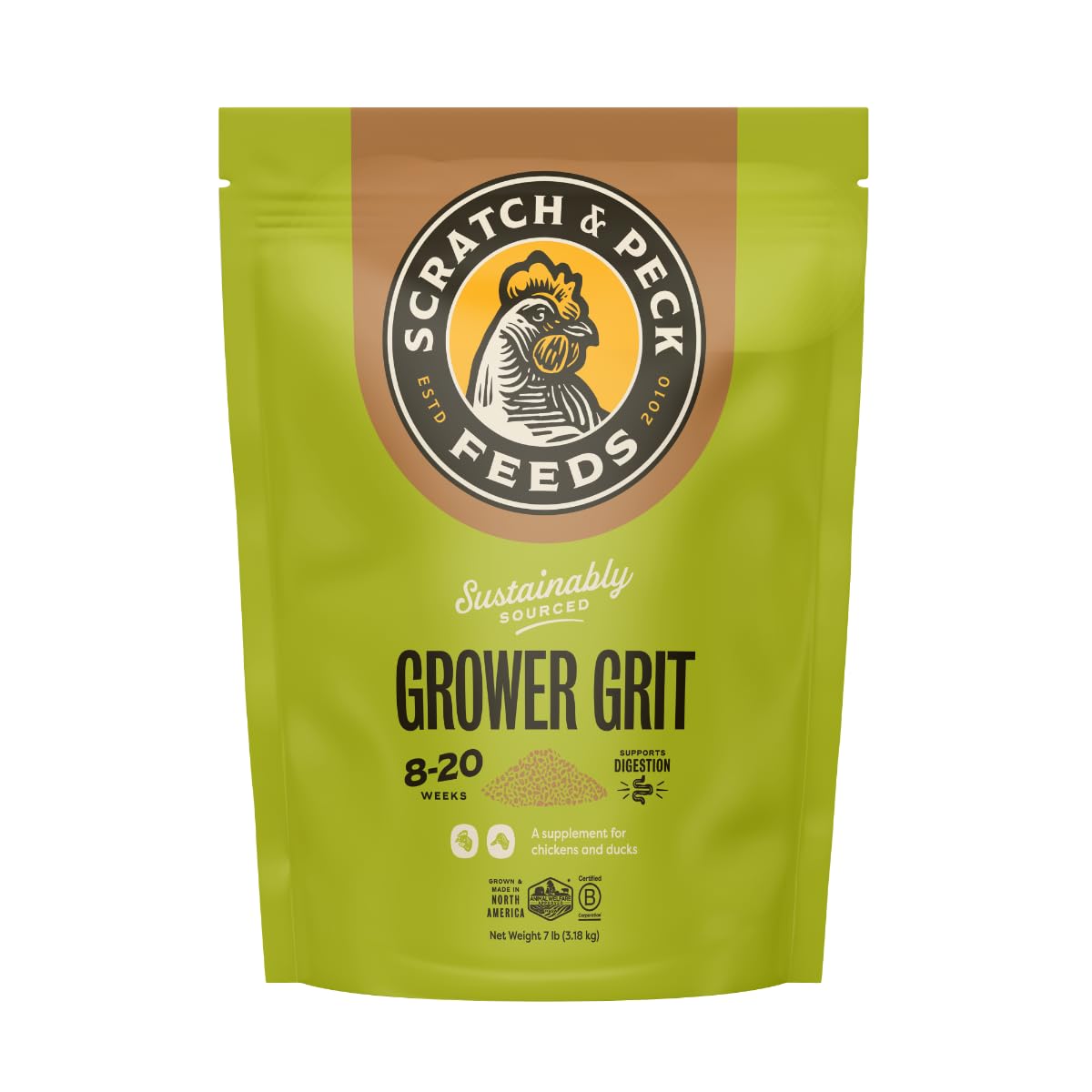 Scratch and Peck Grower Grit bag front supports digestion in young chickens.