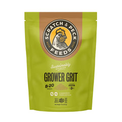 Scratch and Peck Grower Grit bag front supports digestion in young chickens.