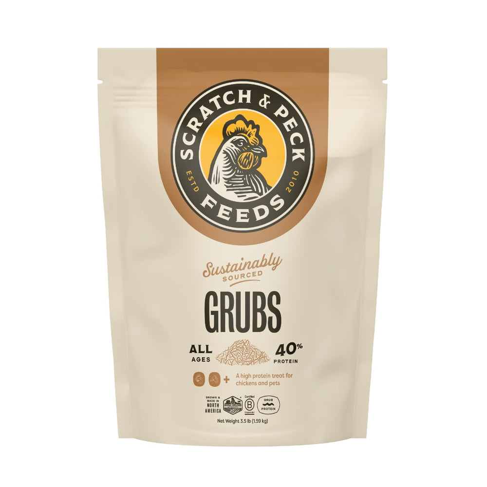 Scratch and Peck Grubs 3.5 lb bag for chickens and ducks, high-protein snack.