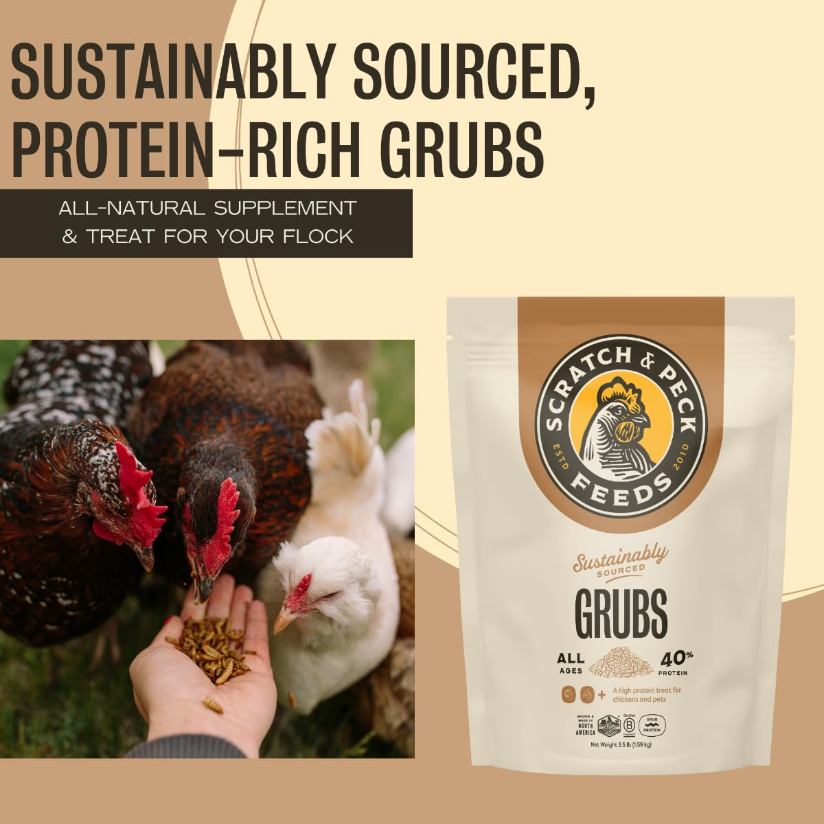 Scratch and Peck Grubs feeding time for chickens promotes enrichment.