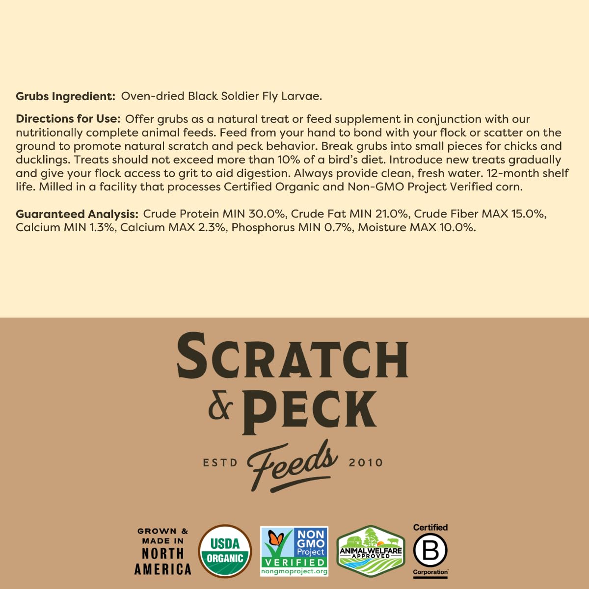 Scratch and Peck Grubs packaging communicates sustainable sourcing.