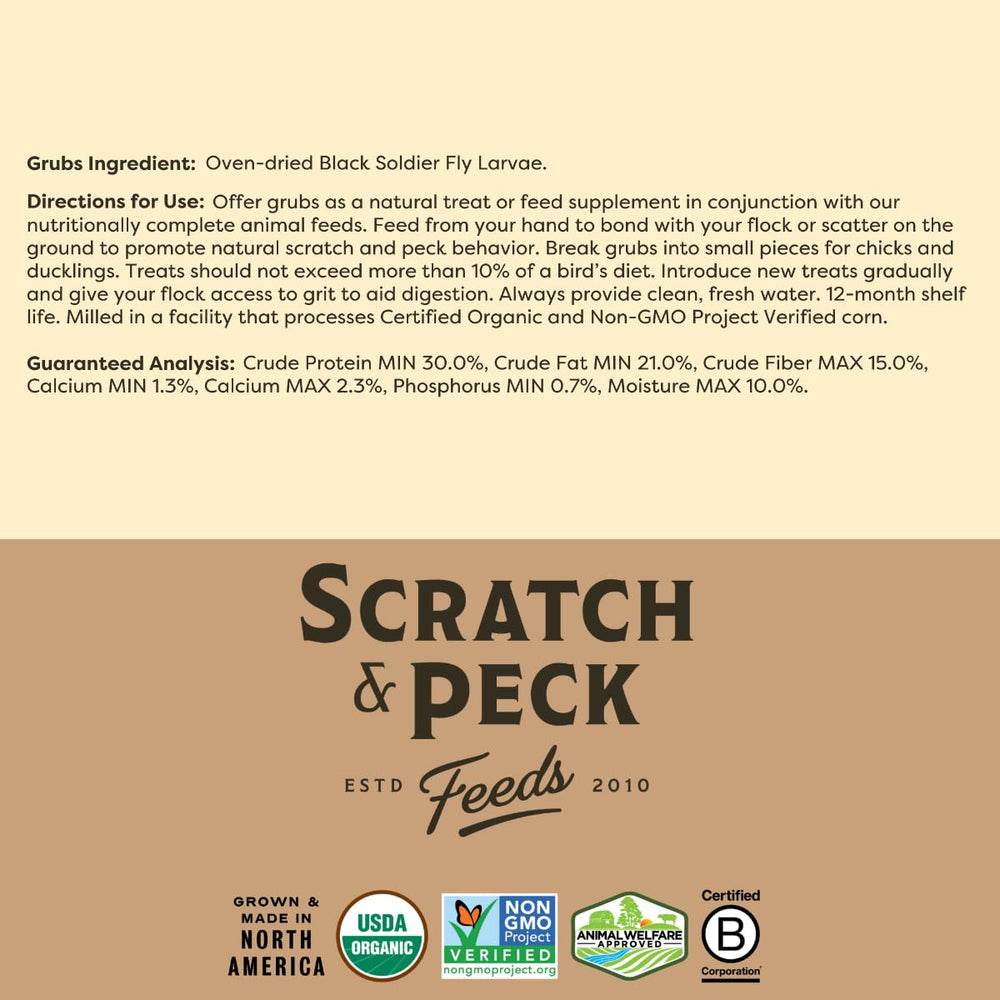 Scratch and Peck Grubs packaging communicates sustainable sourcing.