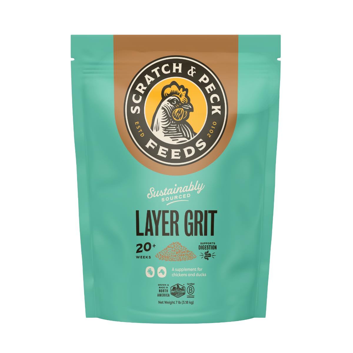 Scratch and Peck Layer Grit bag front showing sustainable packaging for poultry digestion