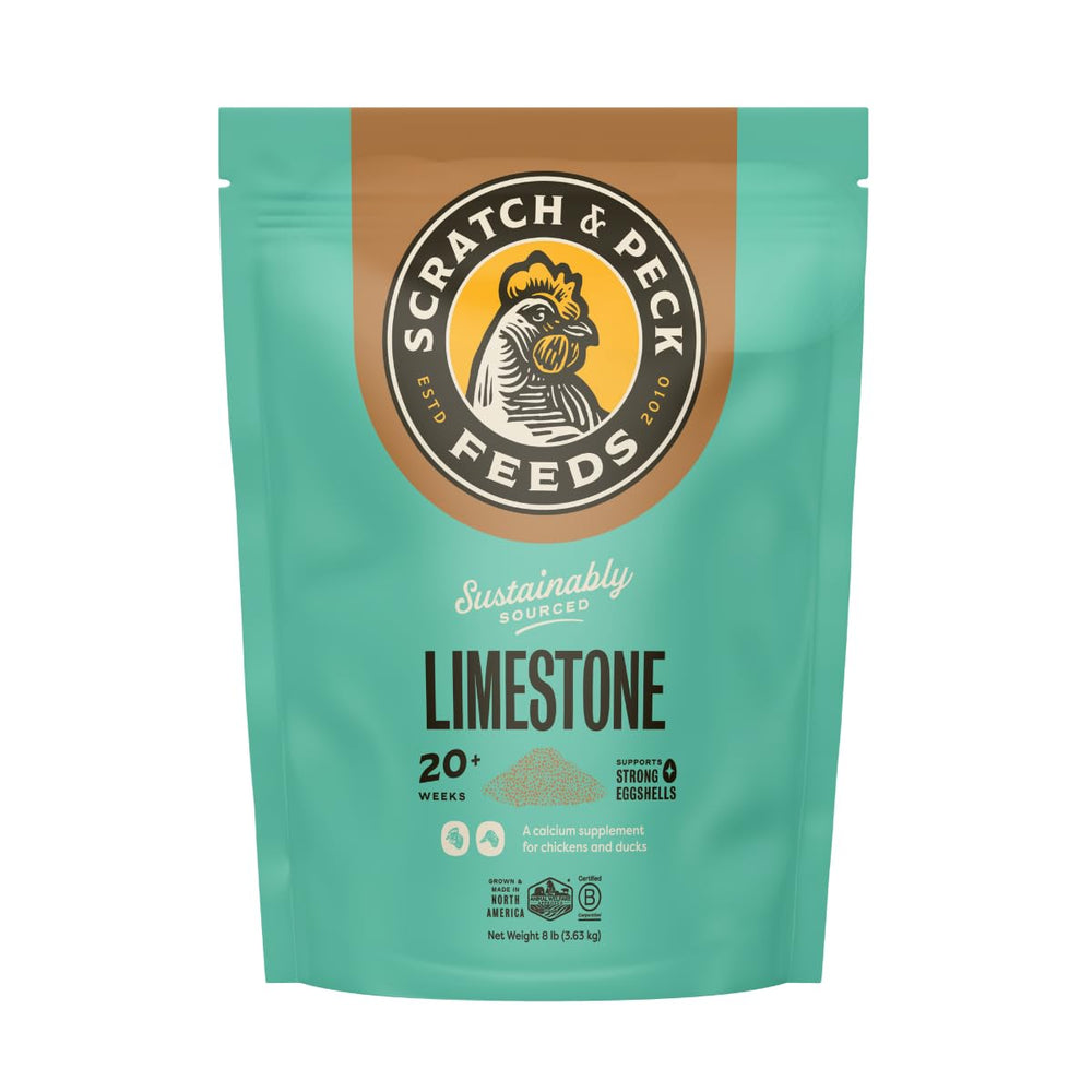 Scratch and Peck Limestone supplement bag highlighting premium calcium for shell strength