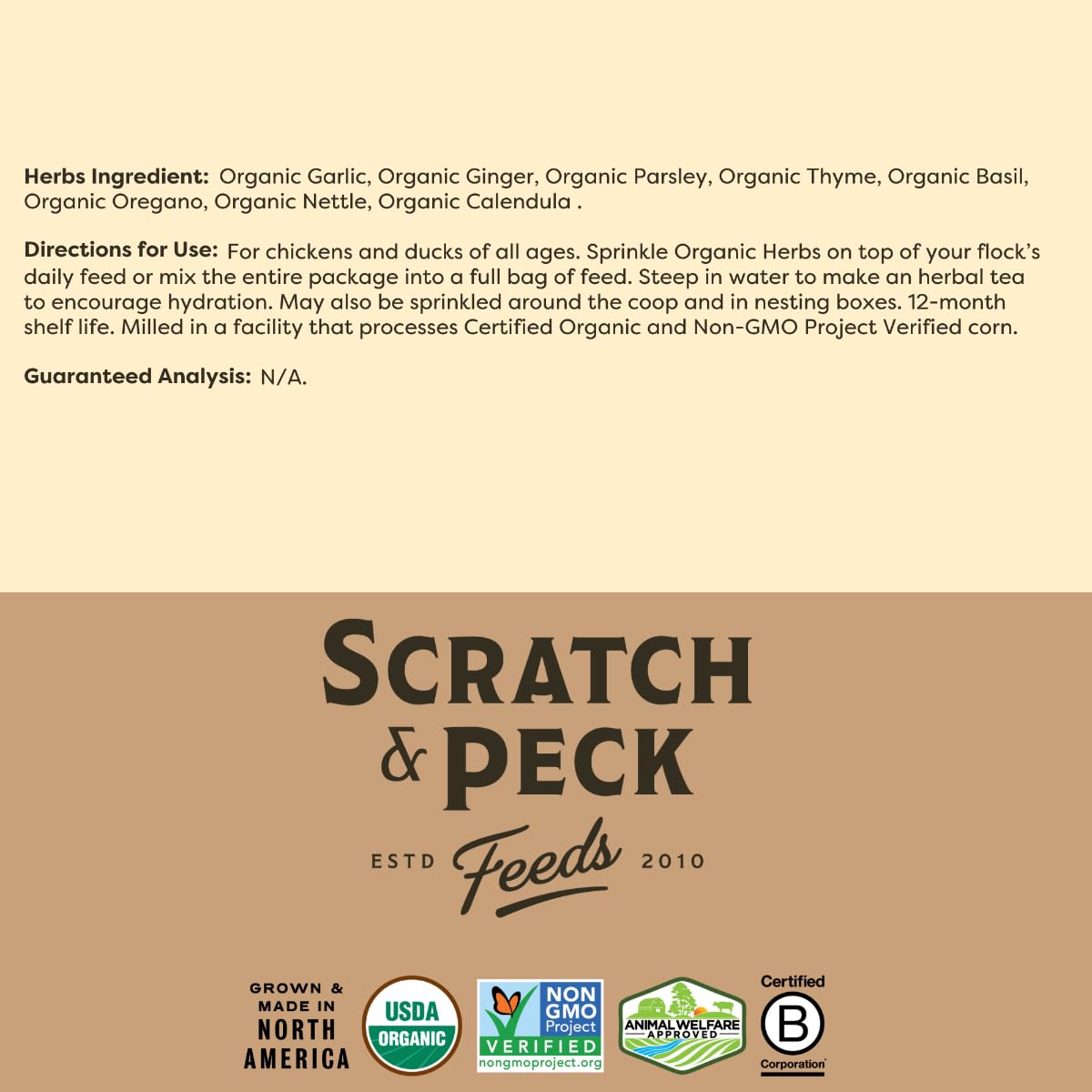 Scratch and Peck 10 oz bag shown, ideal for regular use with hens and ducks.