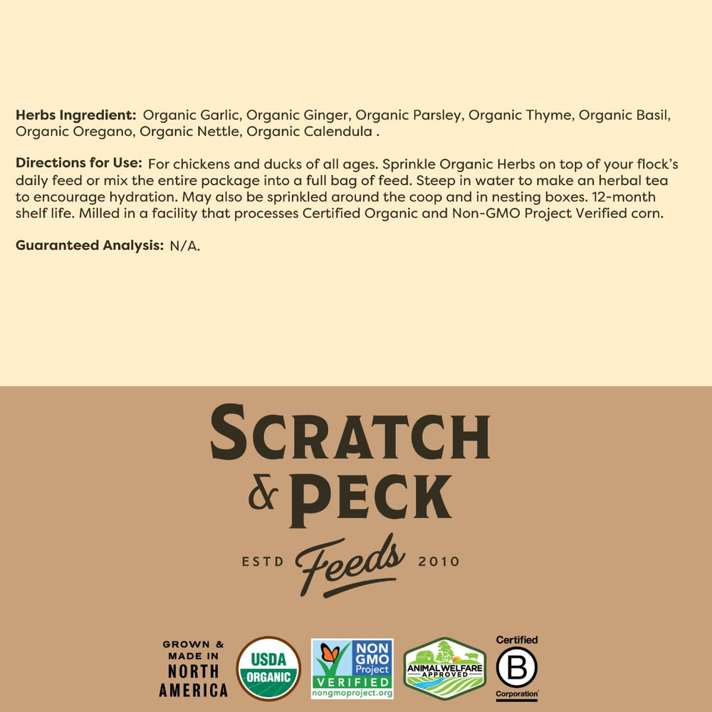 Scratch and Peck 10 oz bag shown, ideal for regular use with hens and ducks.