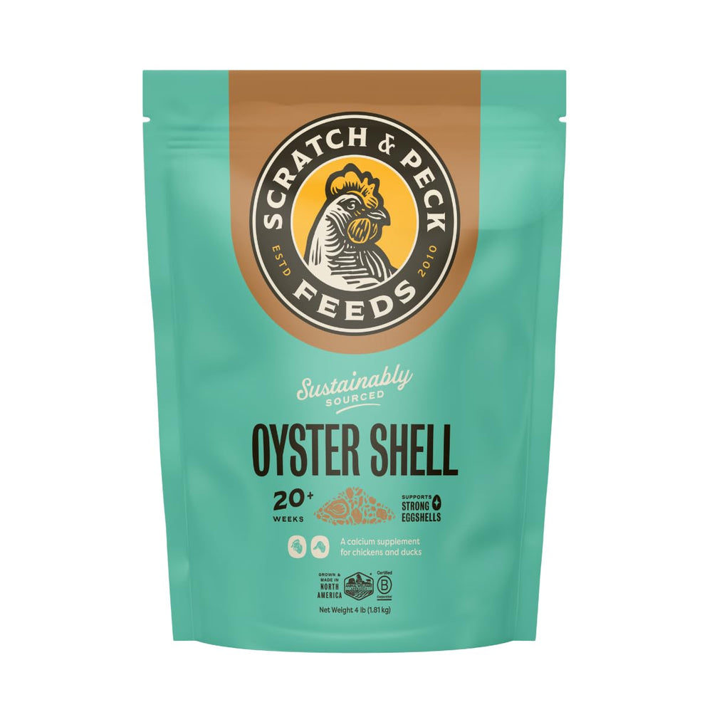 Scratch and Peck Oyster Shell Supplement 4lb bag front view for calcium boost in layers.