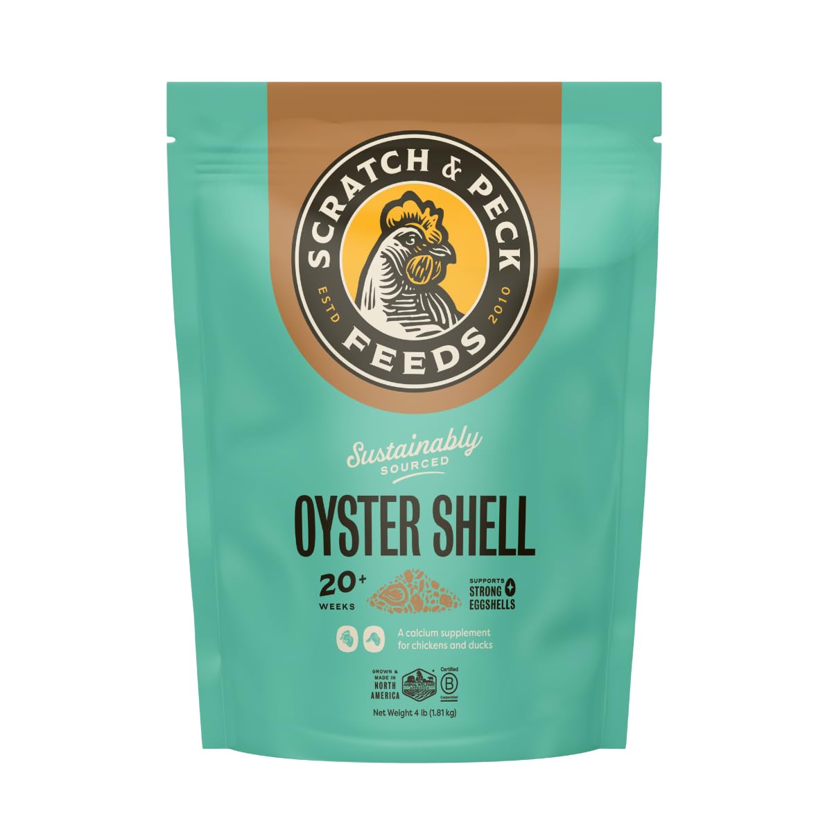 Scratch and Peck Oyster Shell Supplement 4lb bag front view for calcium boost in layers.