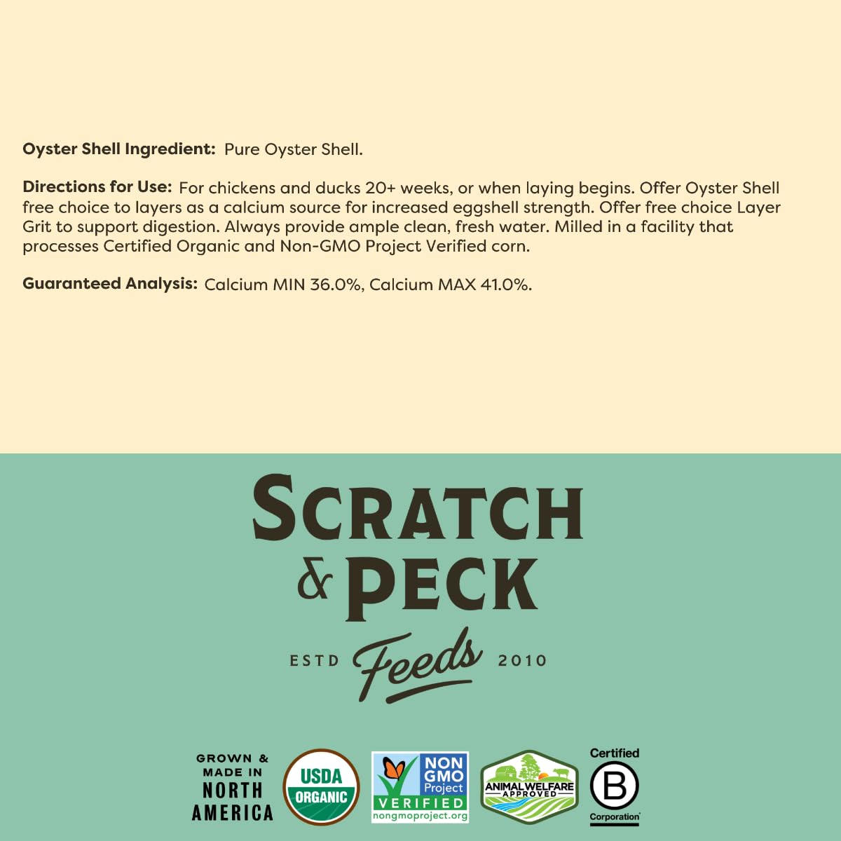 Scratch and Peck Oyster Shell Supplement closeup-flake texture highlights natural calcium form.