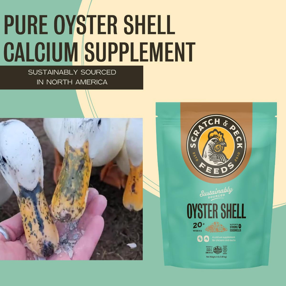 Scratch and Peck Oyster Shell Supplement recyclable packaging highlighting eco-friendly choice.