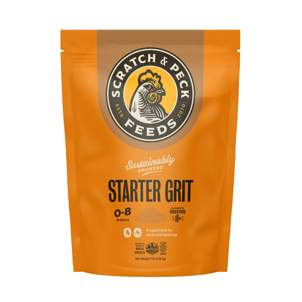 Scratch and Peck Starter Grit bag-front shows packaging for sustainable grit.