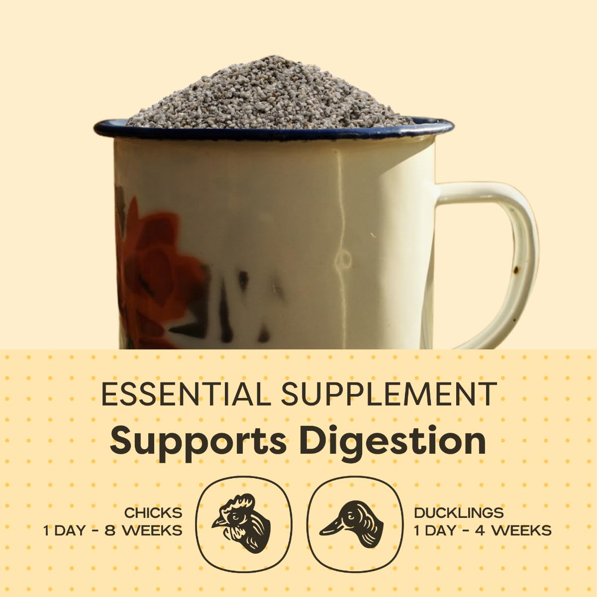 Scratch and Peck Starter Grit in-feed-mash shows recommended mixing with feed.