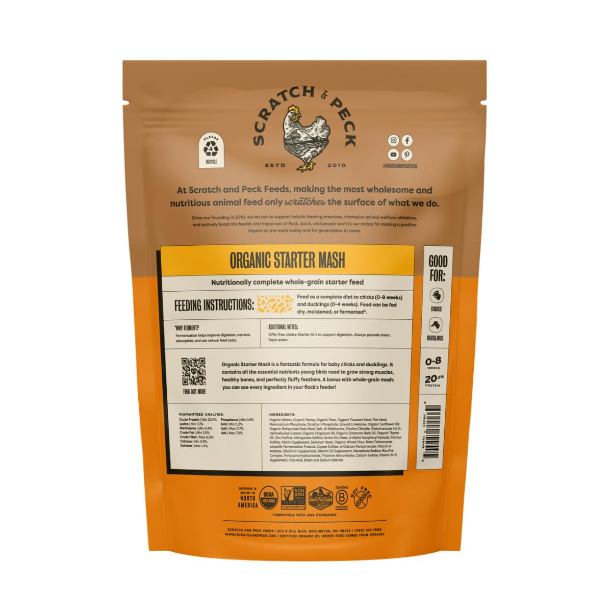 Scratch and Peck Starter Mash for ducklings in a tub encourages steady intake.