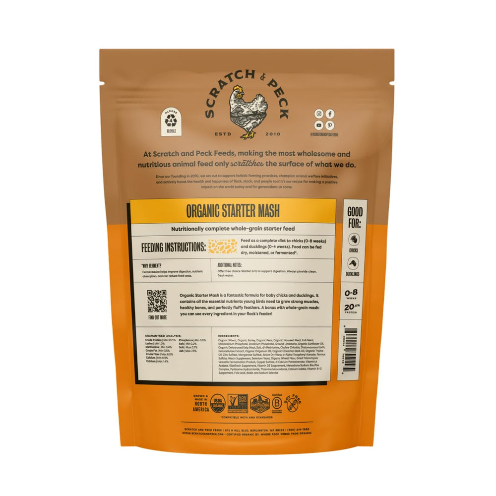 Scratch and Peck Starter Mash for ducklings in a tub encourages steady intake.