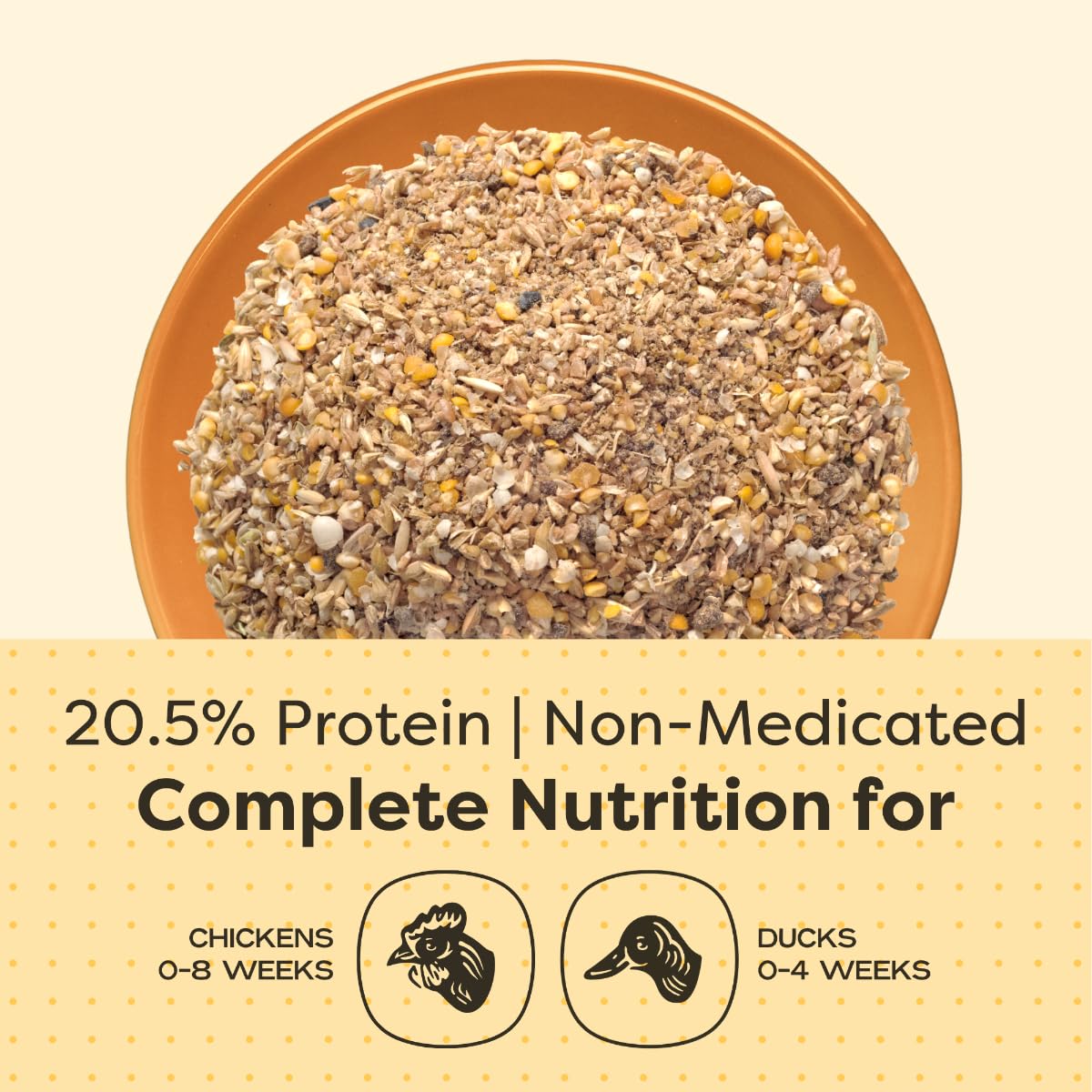 Scratch and Peck Starter Mash organic grains highlight clean nutrition for growing birds.