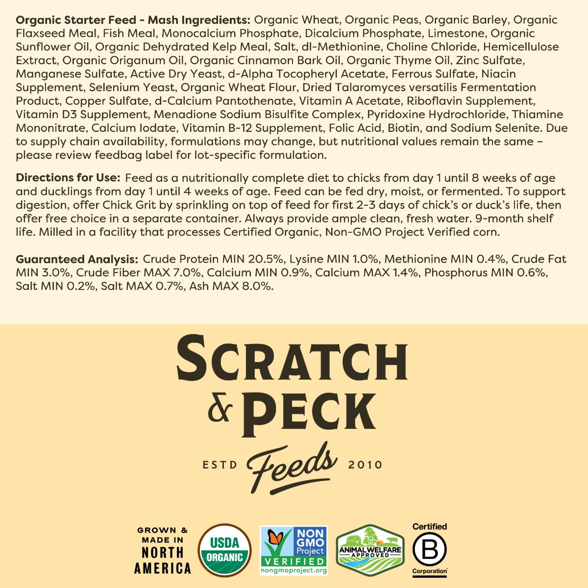 Scratch and Peck Starter Mash sourced in the Pacific Northwest supports local farms.