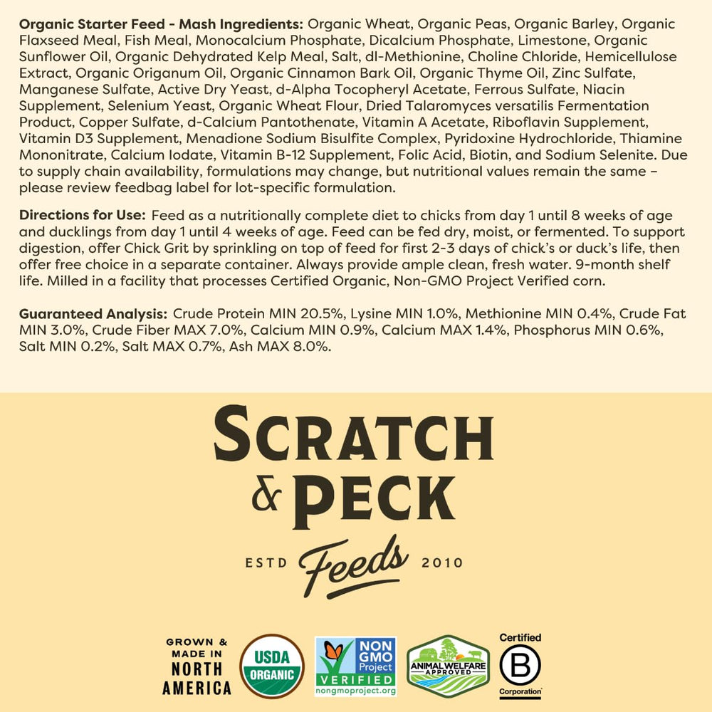 Scratch and Peck Starter Mash sourced in the Pacific Northwest supports local farms.