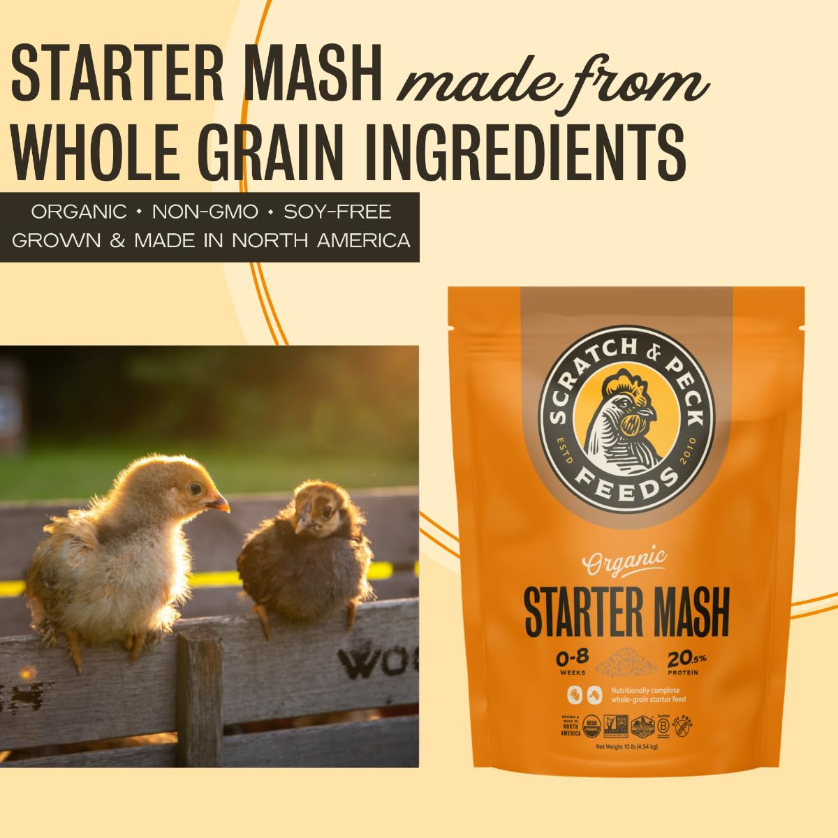 Scratch and Peck Starter Mash packaging shows allergen-free, organic ingredients.