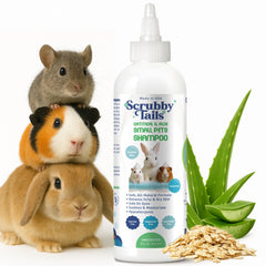 Scrubby Tails natural oatmeal and aloe vera shampoo bottle pour for gentle cleansing on small pets
