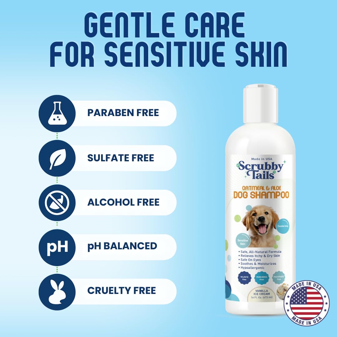 Scrubby Tails Organic Dog Shampoo bath scene, tearless cleansing for a calm puppy spa moment