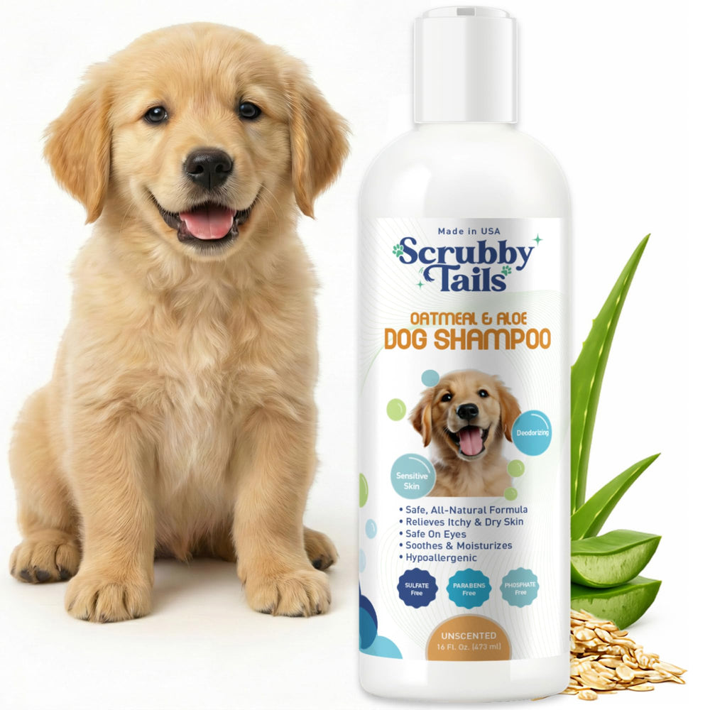 Scrubby Tails organic dog shampoo bottle front - unscented formula for sensitive dogs.