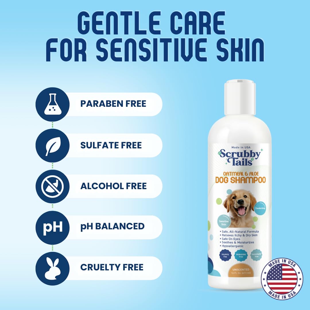 Scrubby Tails shampoo label close-up showing oatmeal and aloe benefits.