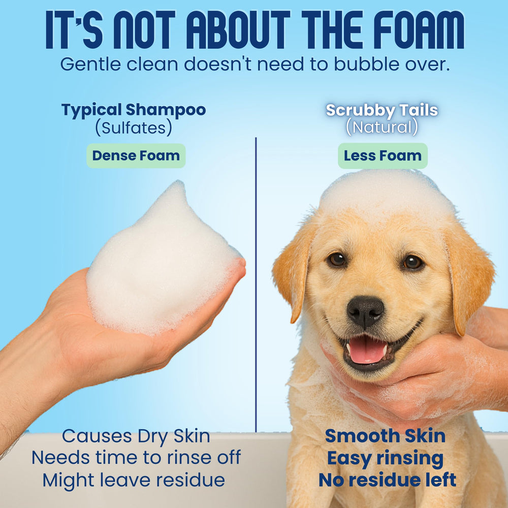 Scrubby Tails Puppy using oatmeal shampoo, gentle care for itchy skin