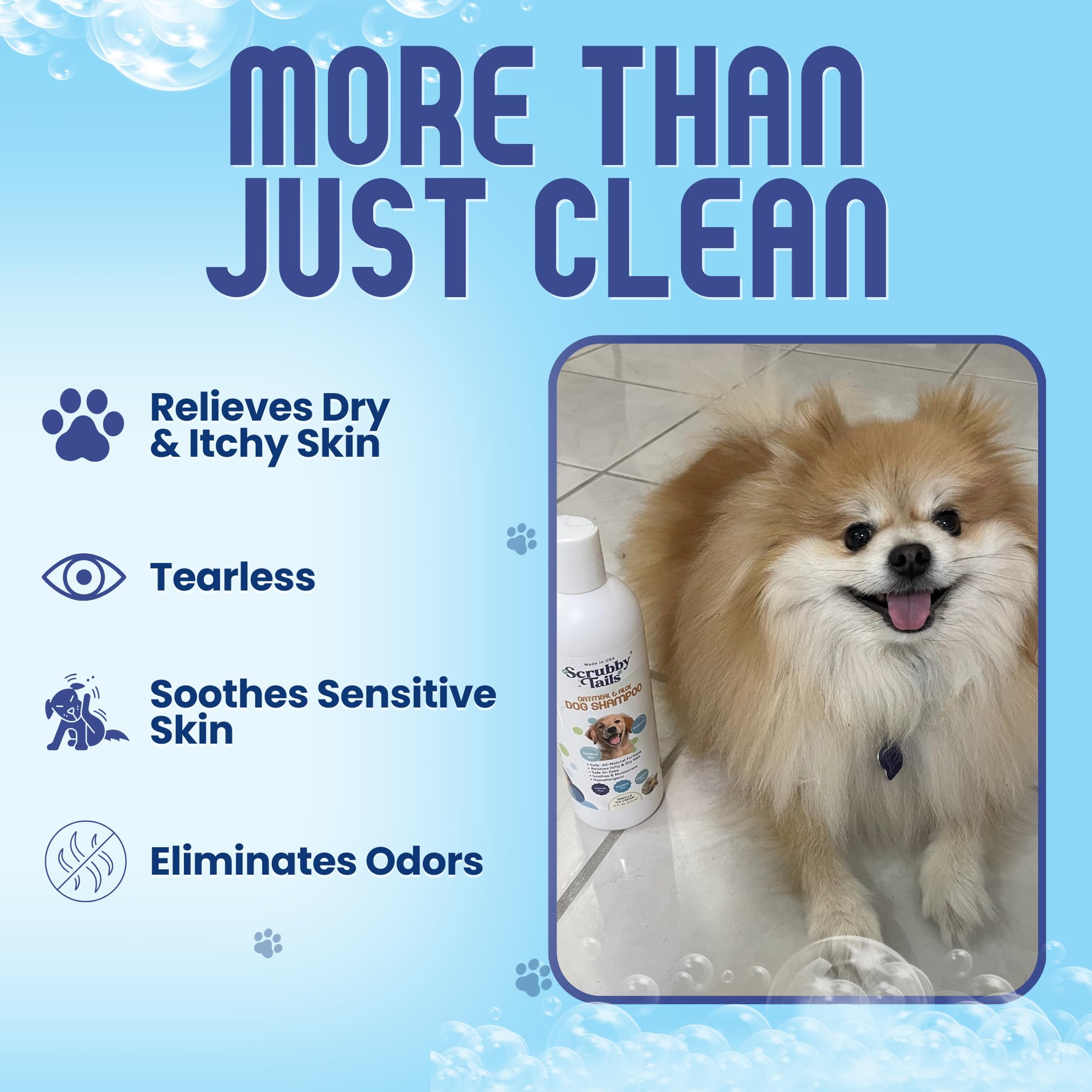 Scrubby Tails unscented bottle demonstrates tearless, gentle care.