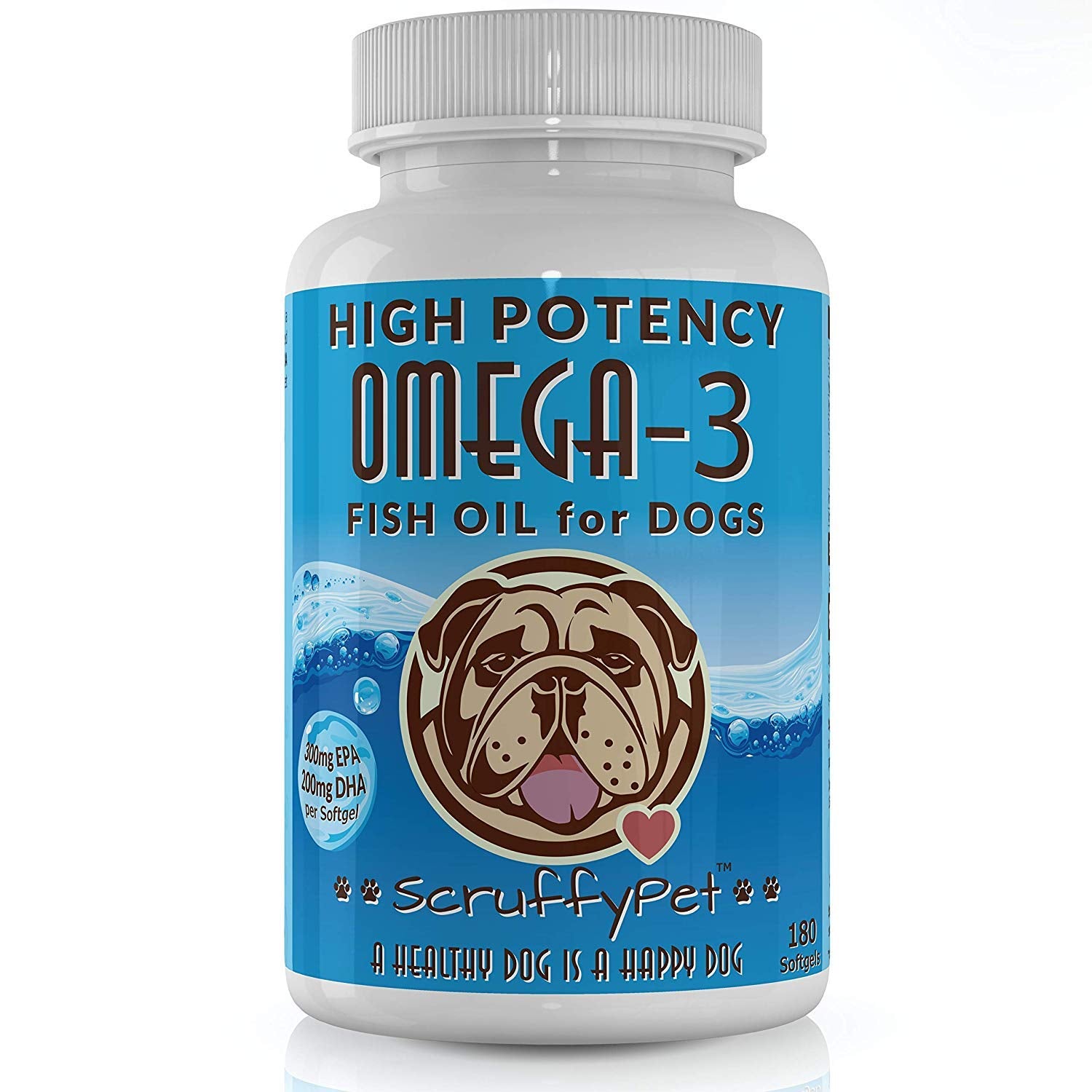 ScruffyPet Pure Omega-3 bottle for dogs, promoting coat shine and joint comfort